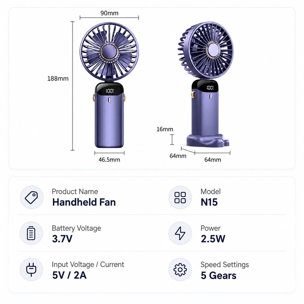 Portable Handheld Fan with Digital Display & 5 Speed Cooling