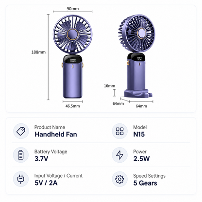 Portable Handheld Fan with Digital Display & 5 Speed Cooling