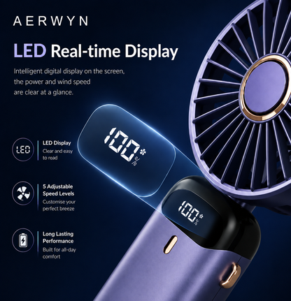 Portable Handheld Fan with Digital Display & 5 Speed Cooling
