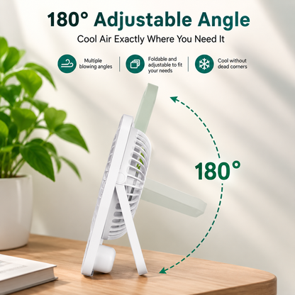 Portable Rechargeable Desk Fan – 5 Speeds, LED Battery Display & 180° Adjustable Stand