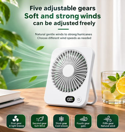 Portable Rechargeable Desk Fan – 5 Speeds, LED Battery Display & 180° Adjustable Stand