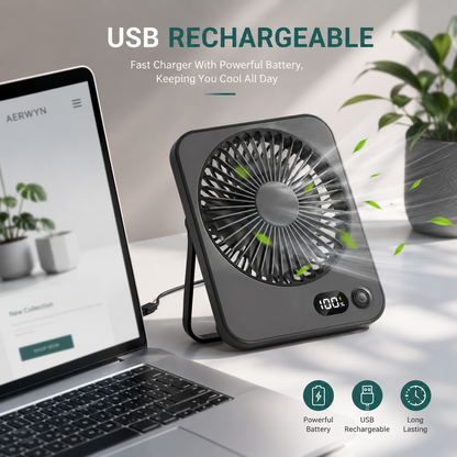 Portable Rechargeable Desk Fan – 5 Speeds, LED Battery Display & 180° Adjustable Stand