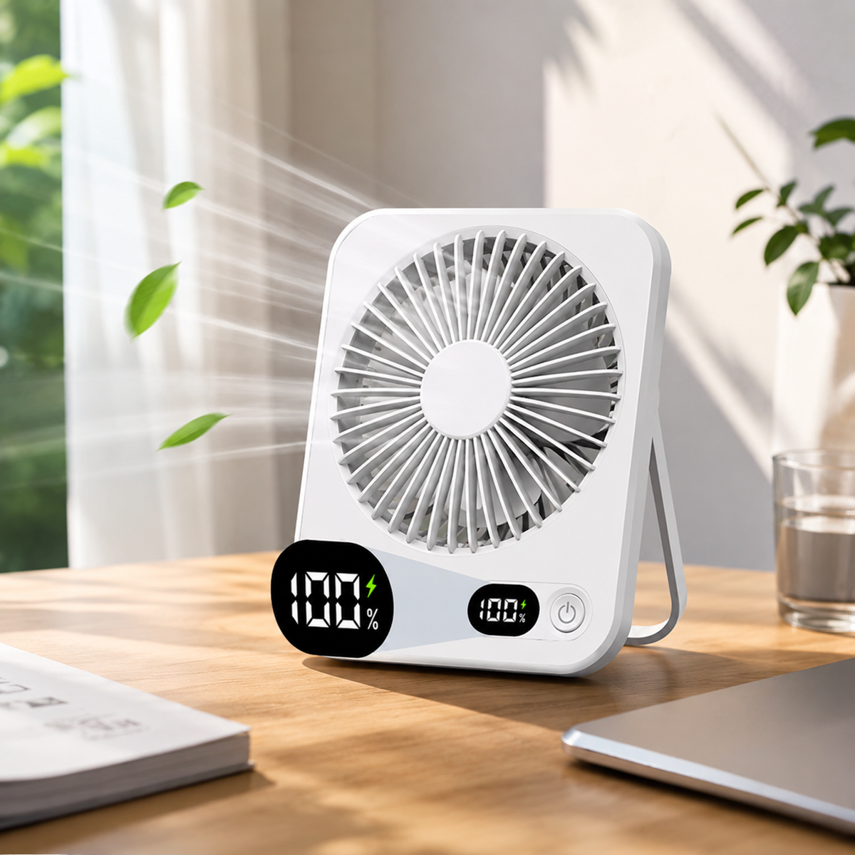 Portable Rechargeable Desk Fan – 5 Speeds, LED Battery Display & 180° Adjustable Stand