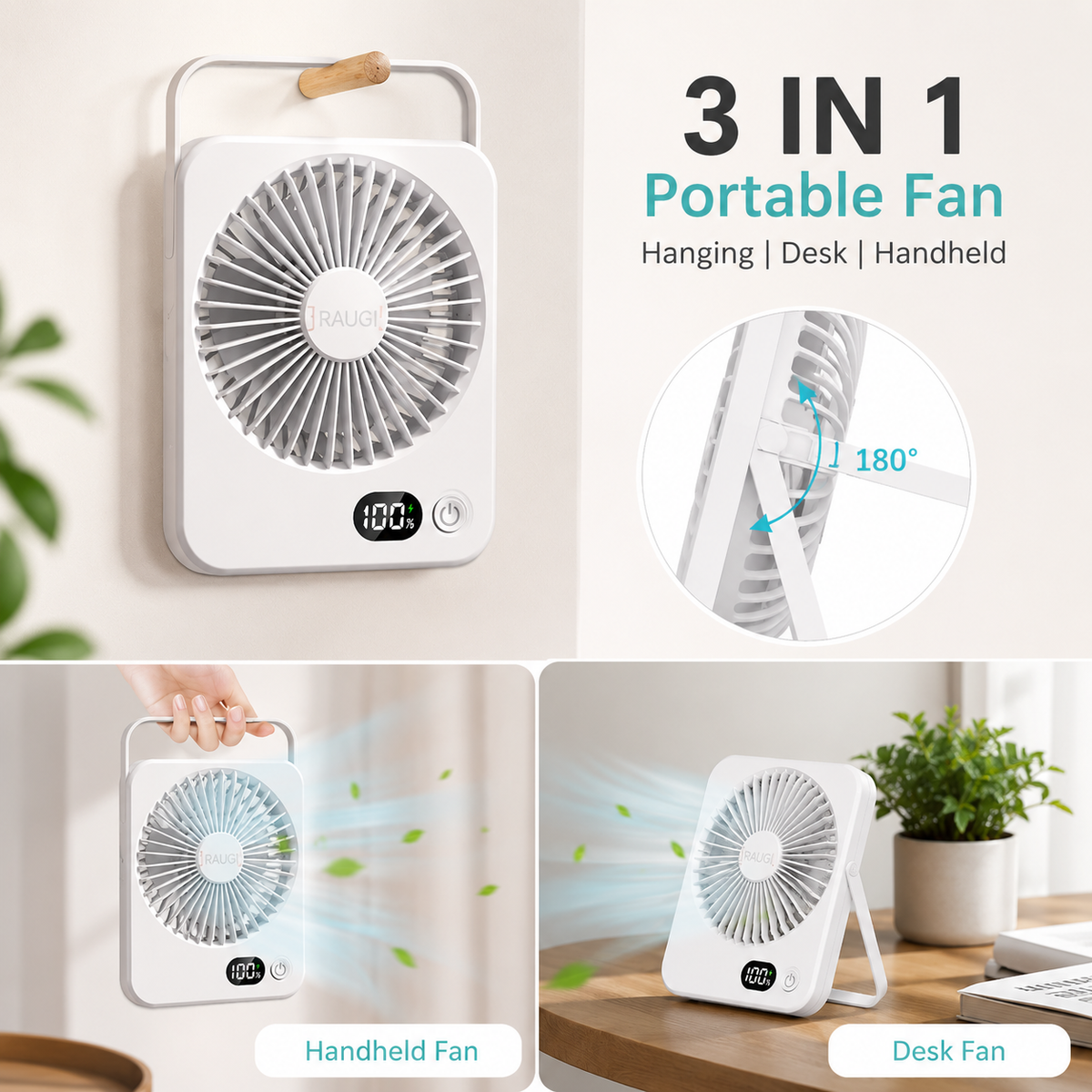 Portable Rechargeable Desk Fan – 5 Speeds, LED Battery Display & 180° Adjustable Stand