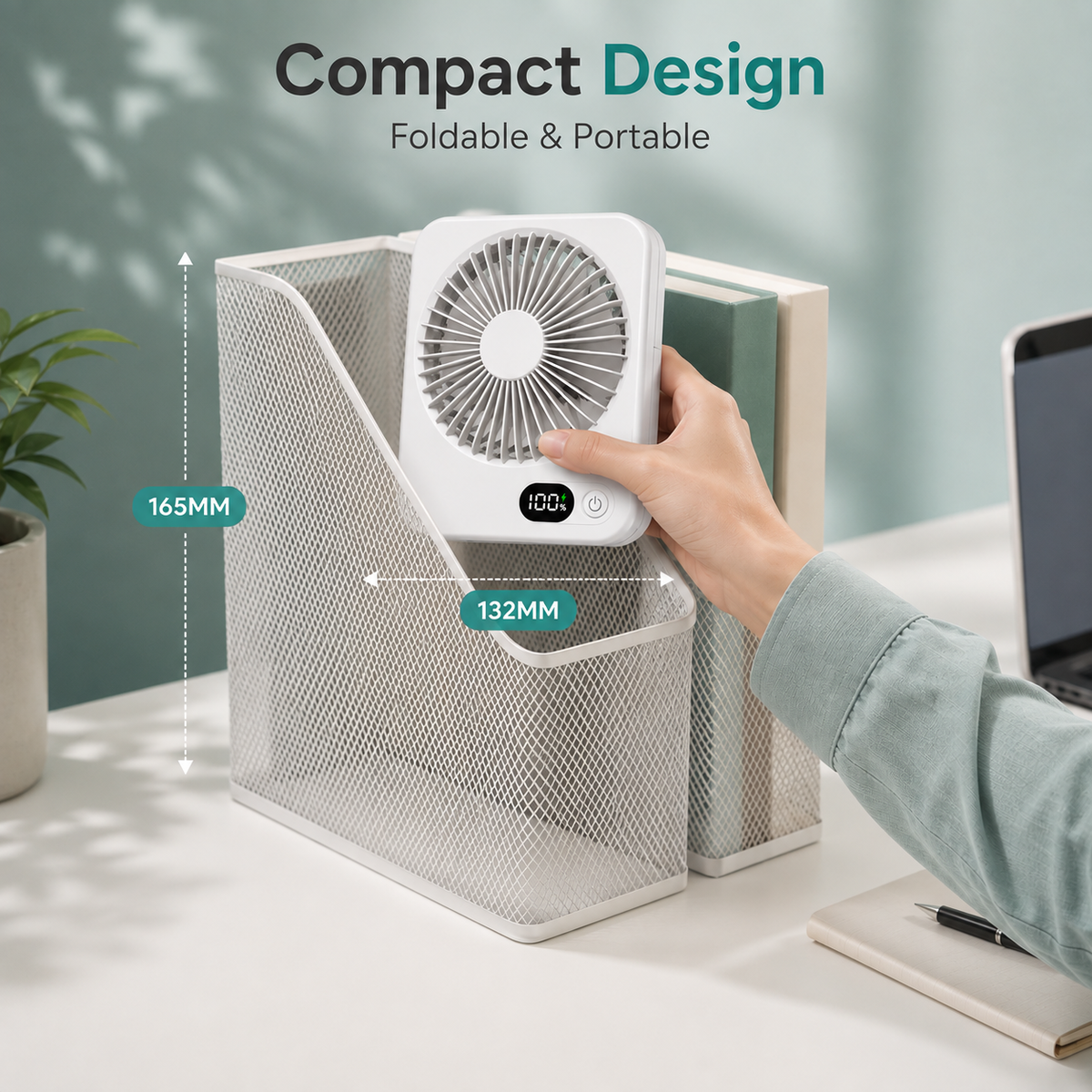 Portable Rechargeable Desk Fan – 5 Speeds, LED Battery Display & 180° Adjustable Stand