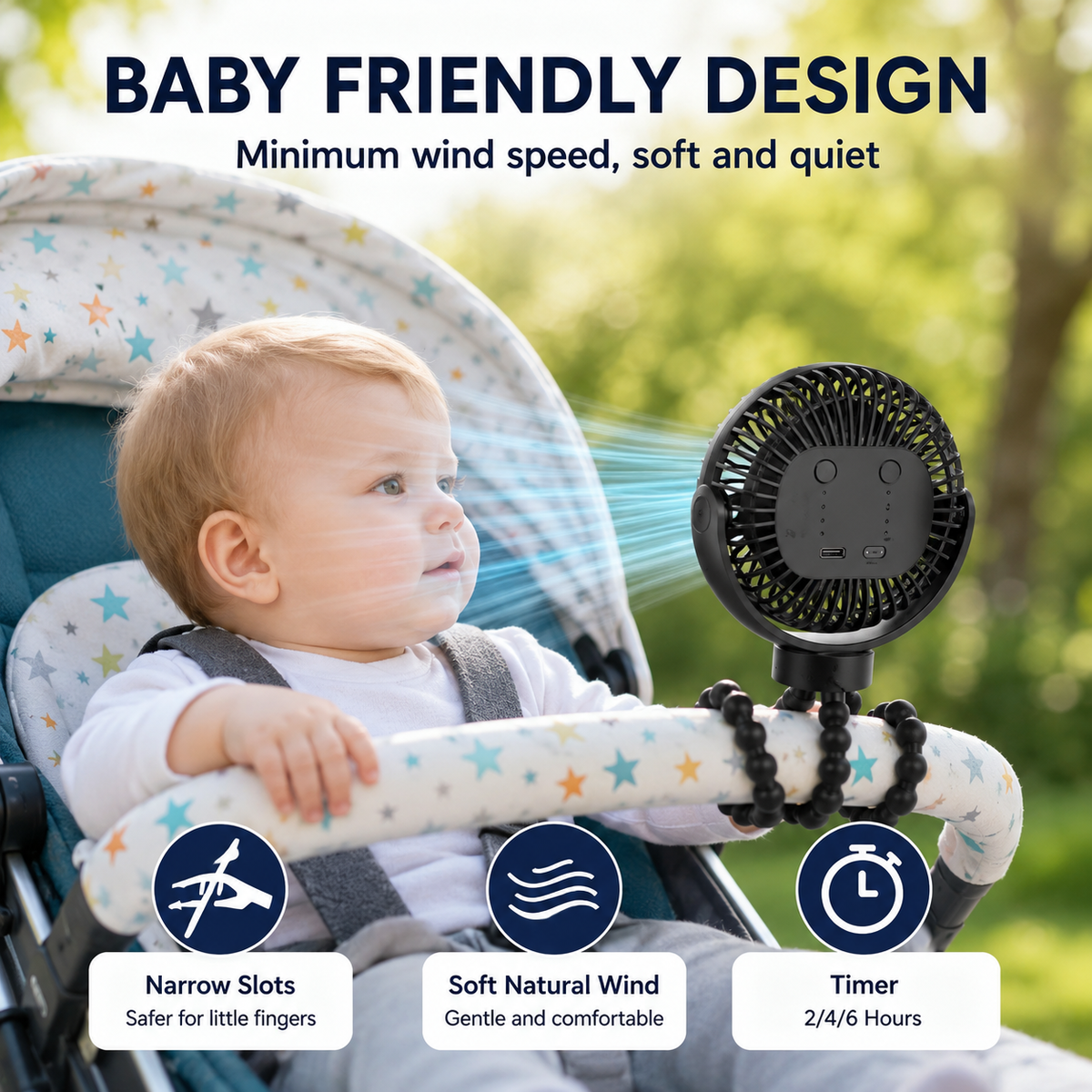 Rechargeable Stroller Fan with Flexible Tripod & 3 Speeds